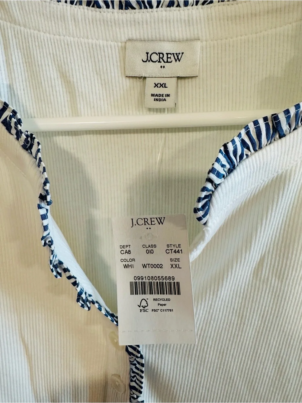 J. Crew White Ribbed Henley Tank Top with Blue Trim